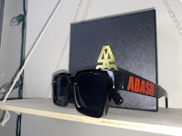 a pair of sunglasses sitting on a shelf