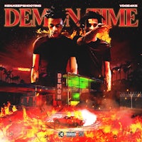 the cover of demon time featuring two men standing in front of a fire
