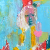 an abstract painting of a girl in blue and yellow