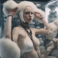a woman in a white fur coat posing in a mirror