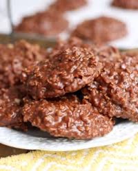 chocolate no bake cookies on a plate with a yellow napkin