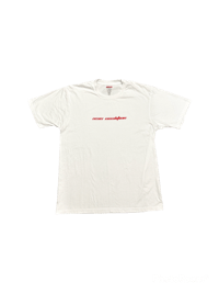 a white t - shirt with red writing on it