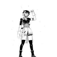 a black and white drawing of a girl in a costume