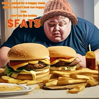 an illustration of a man eating burgers and fries