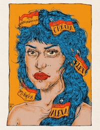 a drawing of a woman with blue hair