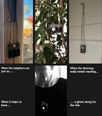 a series of photos showing a woman with a camera hanging from a tree