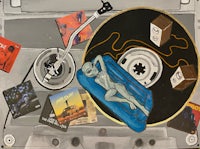 a painting of a record player and a cassette tape