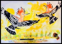 a painting of two birds flying in the air