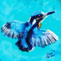 a painting of a blue kingfisher flying in the sky