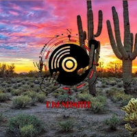 a desert scene with cactus trees and a record