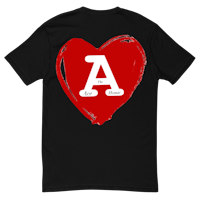 a heart with the letter a in red on a black t - shirt