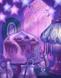 a purple room with a cake and lights