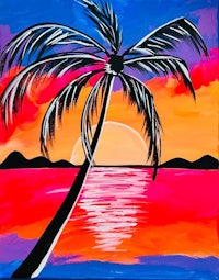 a painting of a palm tree at sunset