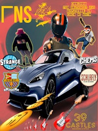 a poster with a blue car and a skateboard on it