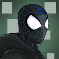 a spider - man in a black mask with blue eyes