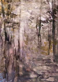 a watercolor painting of a path in the woods