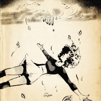 a black and white drawing of a woman flying in the air