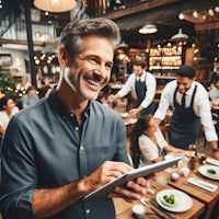 a man using a tablet in a restaurant