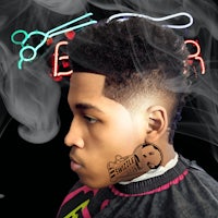 a young man in a barber shop with smoke coming out of his hair