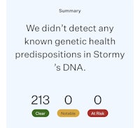 summary we didn't detect any known genetic health predispositions in stormy