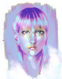 a painting of a girl with purple hair and blue eyes