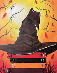 a painting of a witch's hat on a stack of books