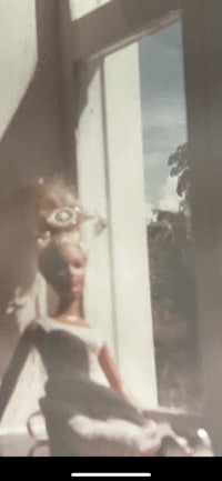 a photo of a barbie doll in front of a window