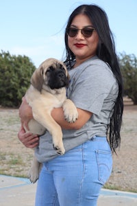 a woman is holding a large dog in her arms