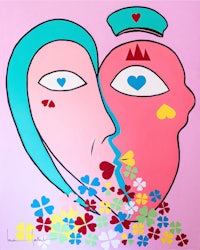 a painting of two people with hearts on their faces