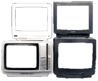 a group of tvs with a black screen and a white screen