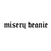 a black background with the word misery beanie written on it