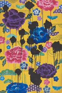 a painting with blue and purple flowers on a yellow background