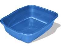 a blue plastic litter tray on a white background