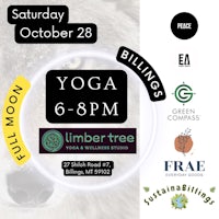 a flyer for a yoga event with a wolf and other logos