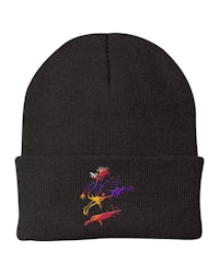 a black beanie with a colorful design on it