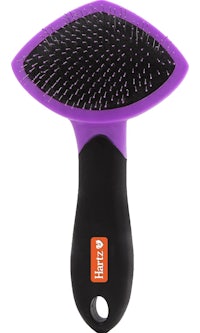 a purple and black hair brush on a white background