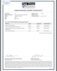 a certificate for a canine genetic health certificate