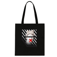 a black tote bag with an image of a skull and crossbones