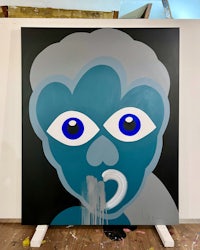 a painting of a blue face with blue eyes