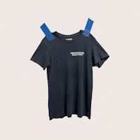 a navy t - shirt with blue tape on it
