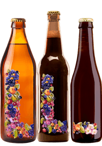 three bottles of beer with flowers on them
