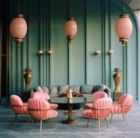 a living room with pink chairs and lamps