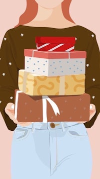 a woman is holding a stack of gifts