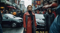 a woman in a red coat standing on a busy street