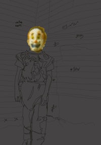 a drawing of a clown standing in front of a wall