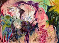 a painting of a group of animals and flowers