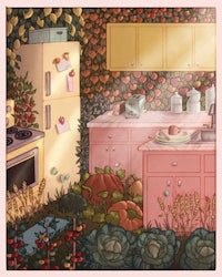 an illustration of a kitchen in a garden