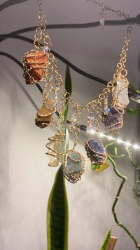 a necklace with a variety of stones hanging from a plant