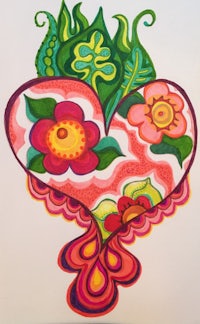 a drawing of a heart with flowers and leaves