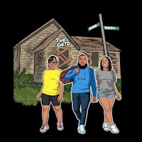 three people walking in front of a house